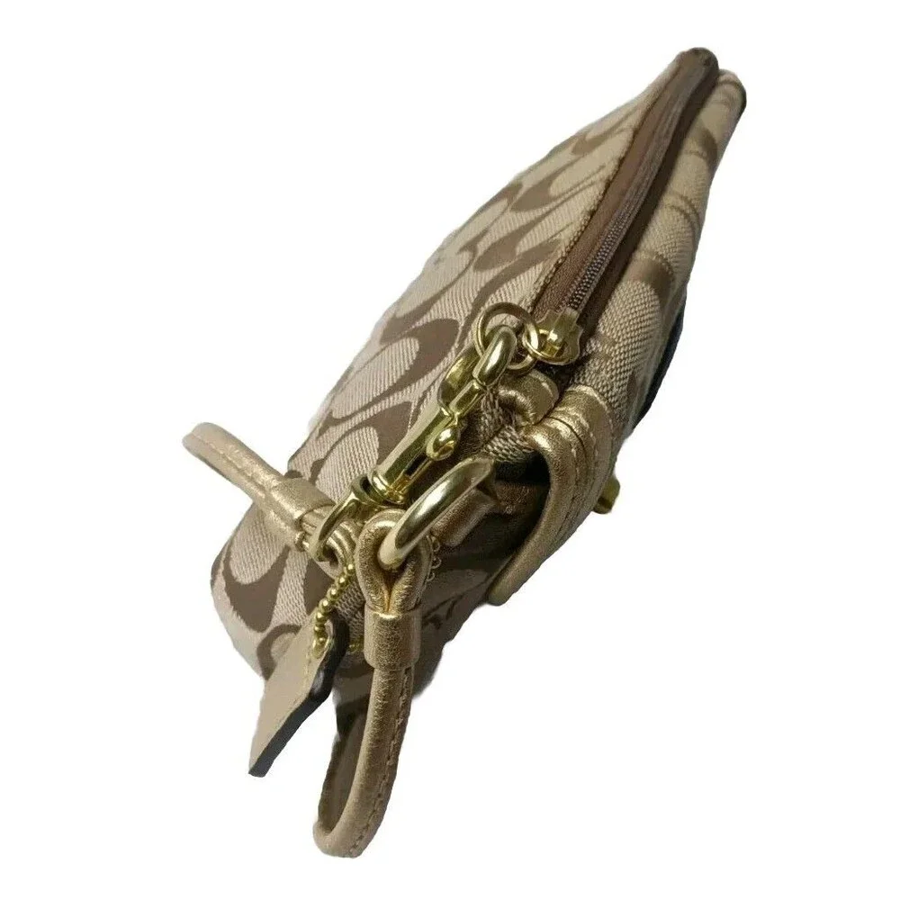 Vintage Coach Signature C Leather Trim Wristlet Khaki & Gold Turnlock - Picture 5 of 7